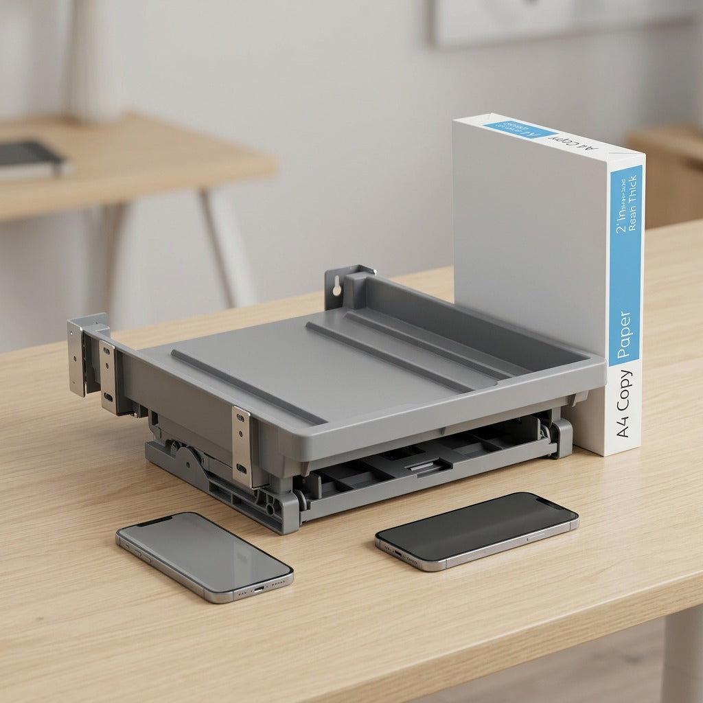 A scale reference image showing the grey Xerox Offsetting Catch Tray beside a standard stack of copy paper and a smartphone.
