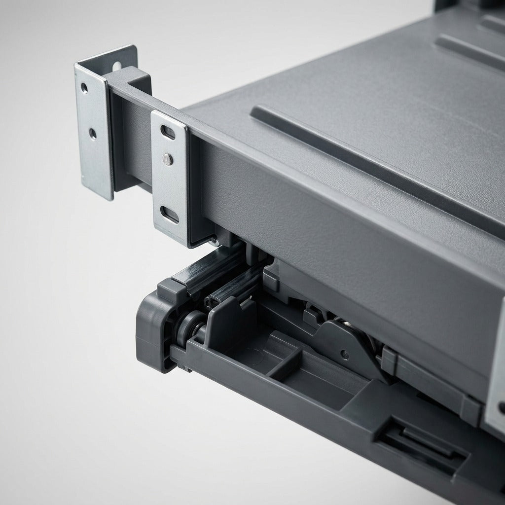 Macro close-up capturing the rear offset slide mechanism and mounting brackets of the Xerox 497K02420 Offsetting Catch Tray.