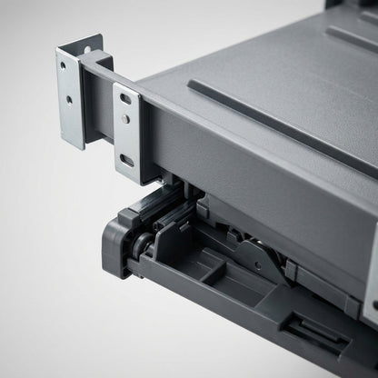 Macro close-up capturing the rear offset slide mechanism and mounting brackets of the Xerox 497K02420 Offsetting Catch Tray.