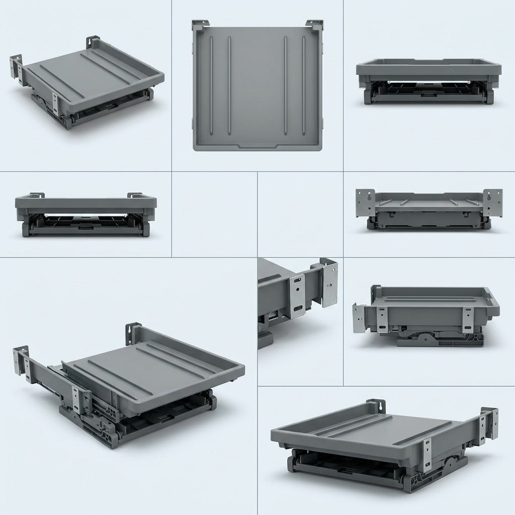 An 8-quadrant grid showing the Xerox Offsetting Catch Tray from multiple precise angles on a light blue background.