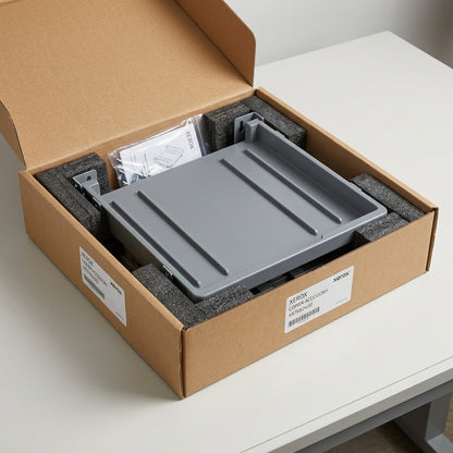 Xerox Offsetting Catch Tray 497K02420 in protective foam unboxing scene within a kraft box.