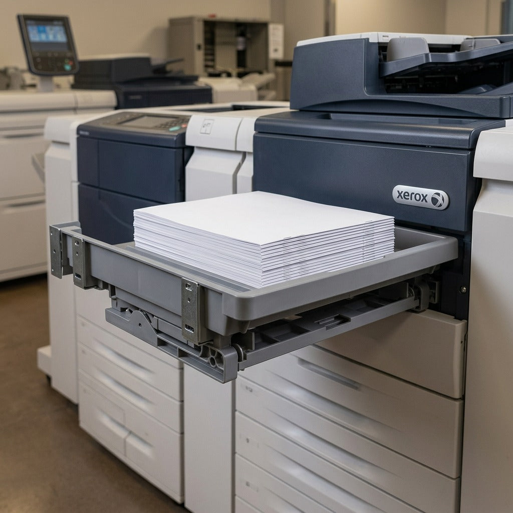 Xerox Offsetting Catch Tray 497K02420 in a bright, modern print room setting, stacked with organized documents.