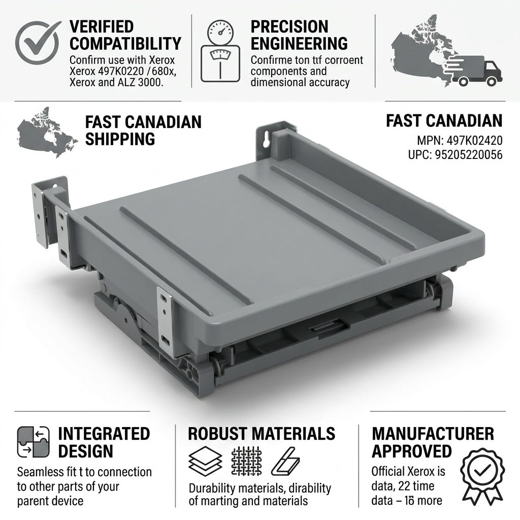 Infographic for Xerox 497K02420 Catch Tray prioritizing compatibility, reliability, and Canadian shipping.