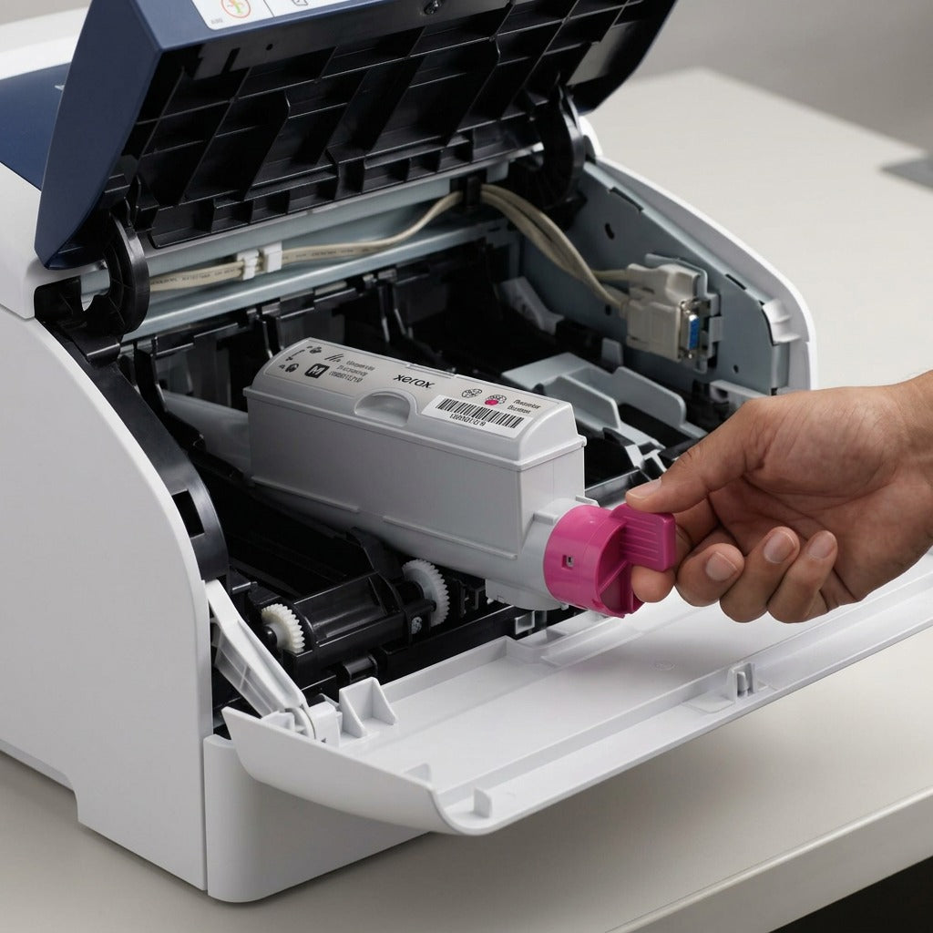 A close-up photograph of the Xerox Phaser 6360 Magenta Toner successfully installed within a working, light-grey office printer.