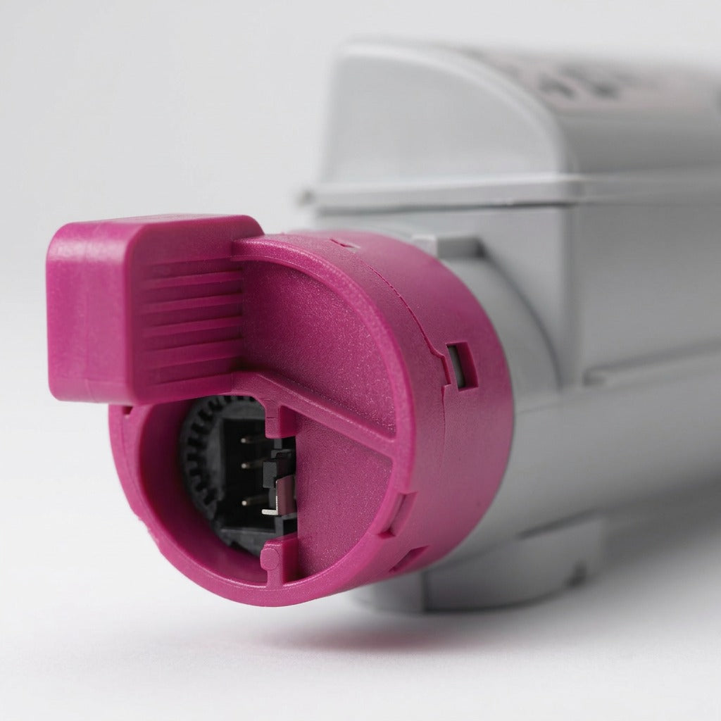 Extreme close-up of a high-quality Xerox 106R01219 Magenta Toner Cartridge connection port and locking mechanism with shallow depth of field.