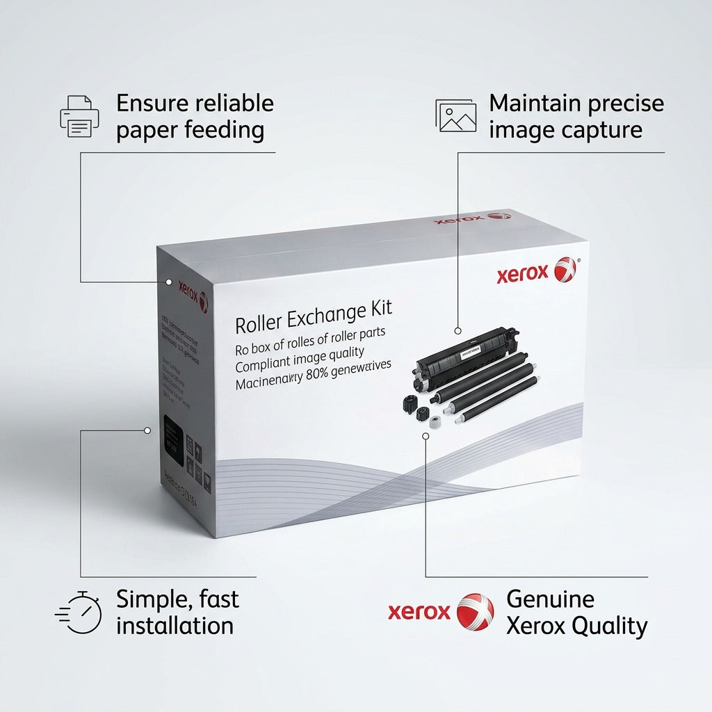 Xerox Roller Exchange Kit e-commerce graphic with four benefit callouts.