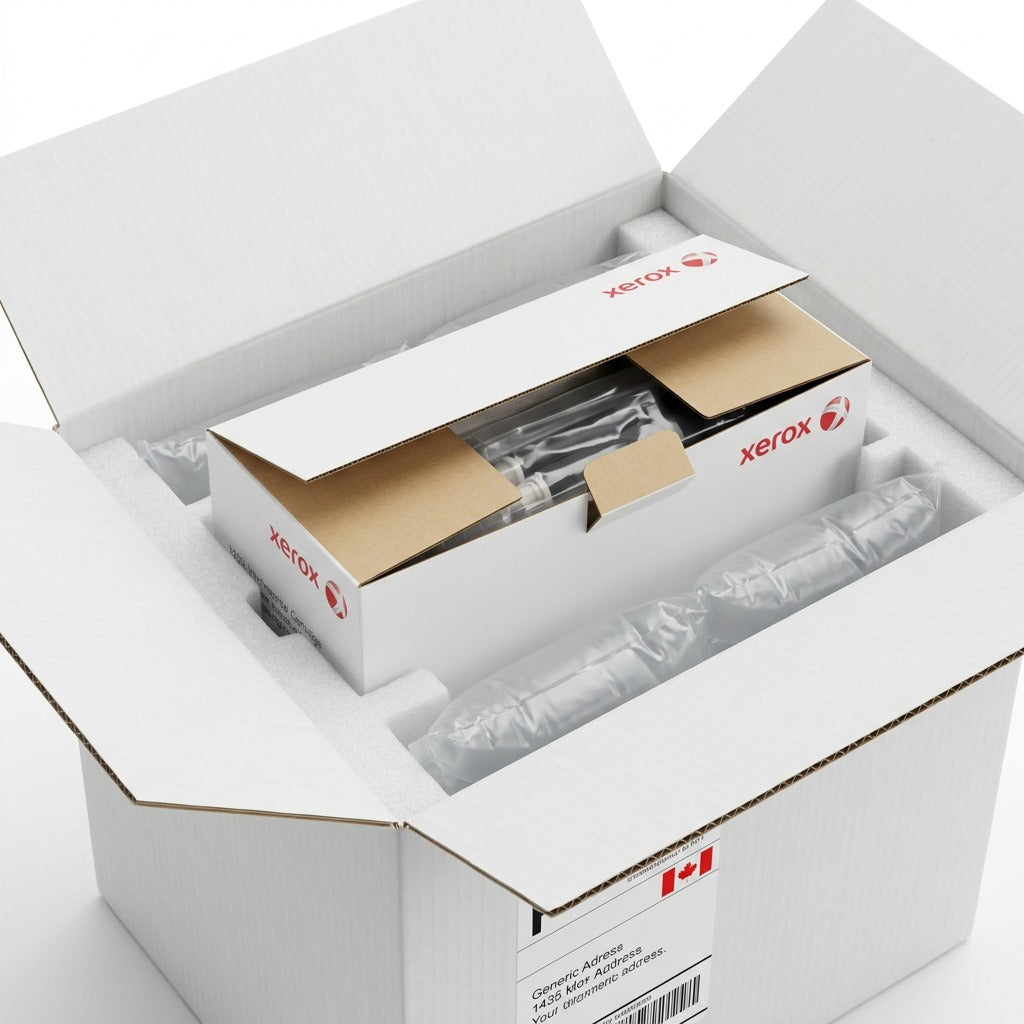 Xerox ROLLER EXCH KIT F/4790 SCANNER in open premium shipping box, cushioned with foam and airbags. Product in reference packaging. Clear plastic bag visible. Product scale accurate within typical parcel box. Text-free image. Diffused lighting, white photo studio background, fast shipping label hint.