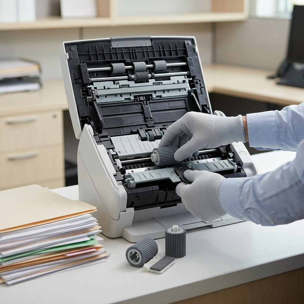 A lifestyle photo showing a Xerox 497N01307 Roller Exchange Kit installed within an open office scanner tray, with a stack of documents ready for scanning.