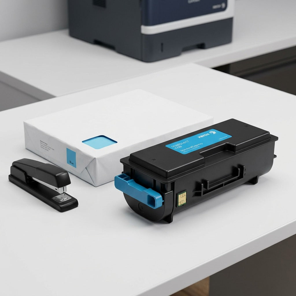 Side-by-side view: Canon toner cartridge (006R04617) next to a standard ream of blue toner-color paper.