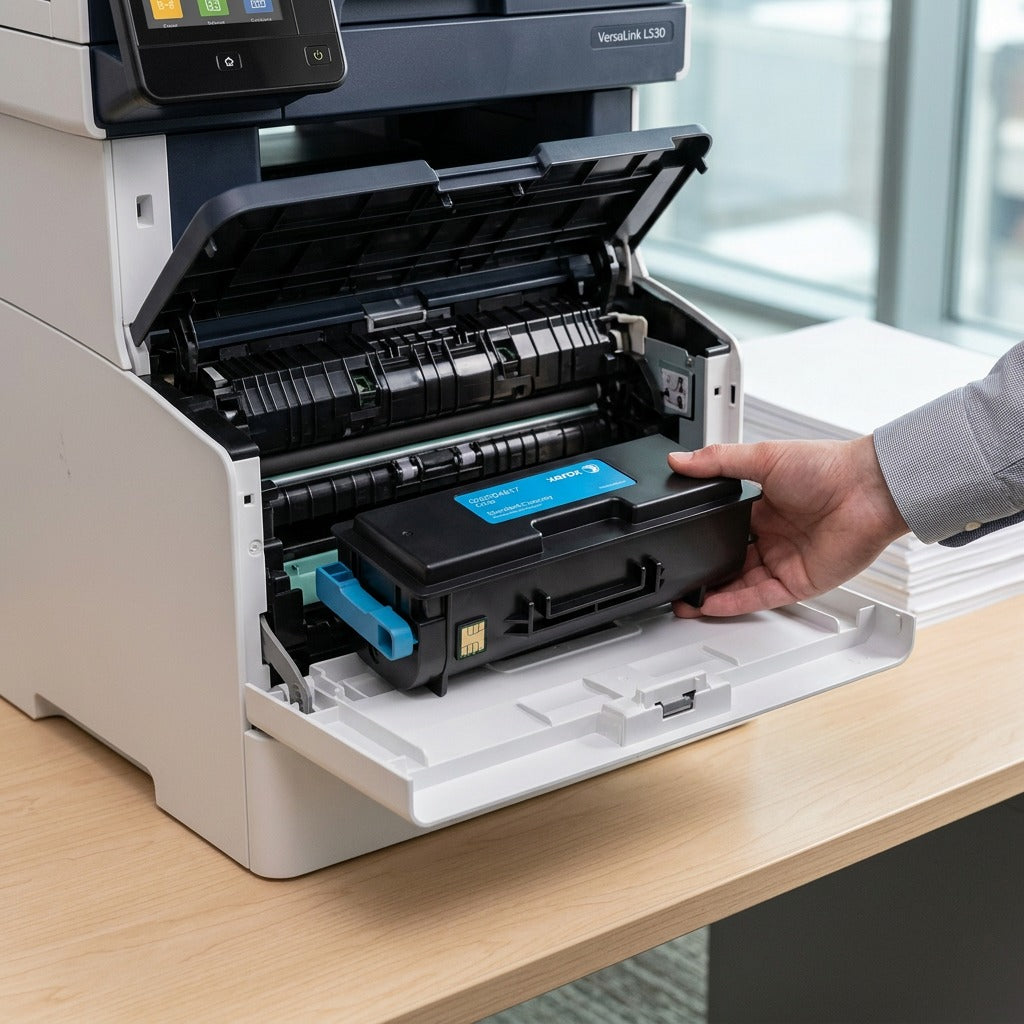 A lifestyle photo shows the genuine black toner cartridge resting on a modern printer nearby a stack of documents, reflecting its realistic usage in an office setting.