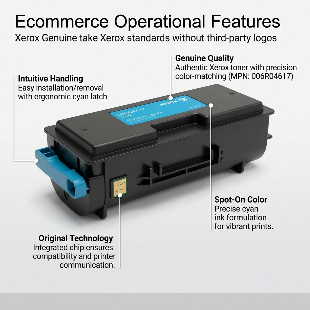 Infographic of Xerox cyan toner cartridge with callouts for handling, quality, technology, and color features.