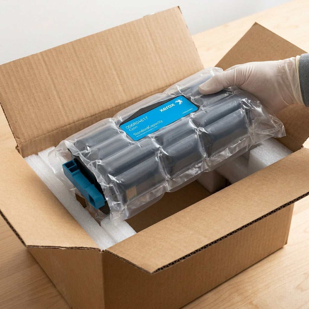 A photo shows the Xerox cyan toner cartridge in protective custom-fitted air cushioning within a box.