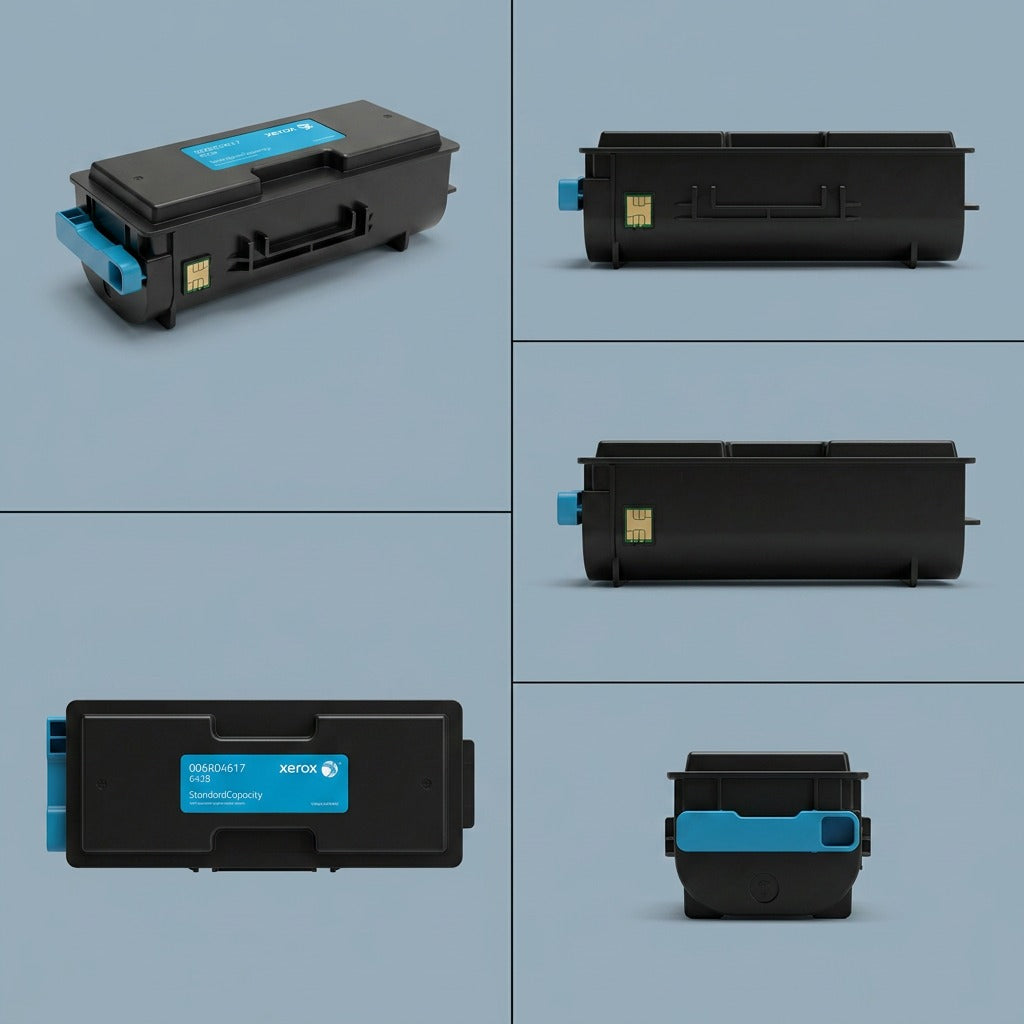 Matrix of four clean, branded grid panels showing the canonical Xerox cyan toner cartridge from four optimal views: front, side, top, and end, ensuring complete visibility.