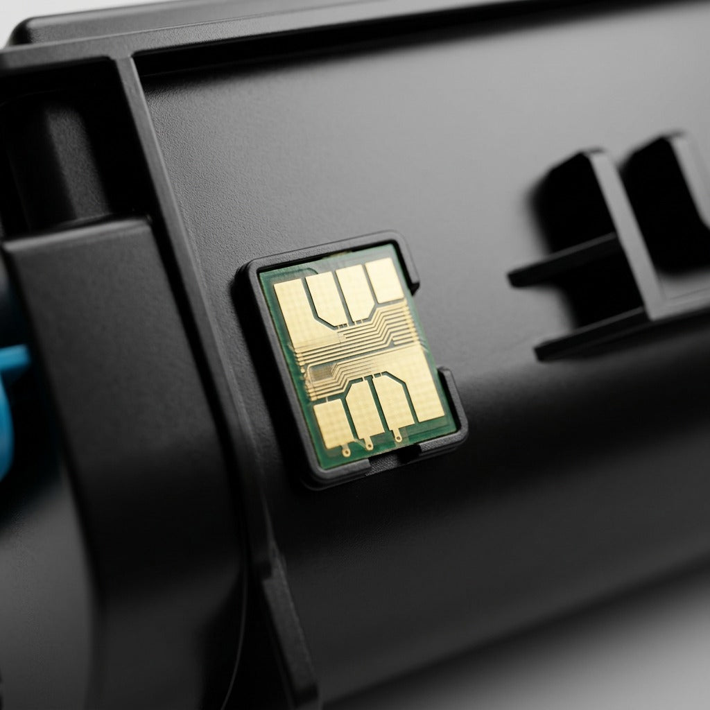 An extreme close-up photograph focusing sharply on the gold-plated toner cartridge data chip.