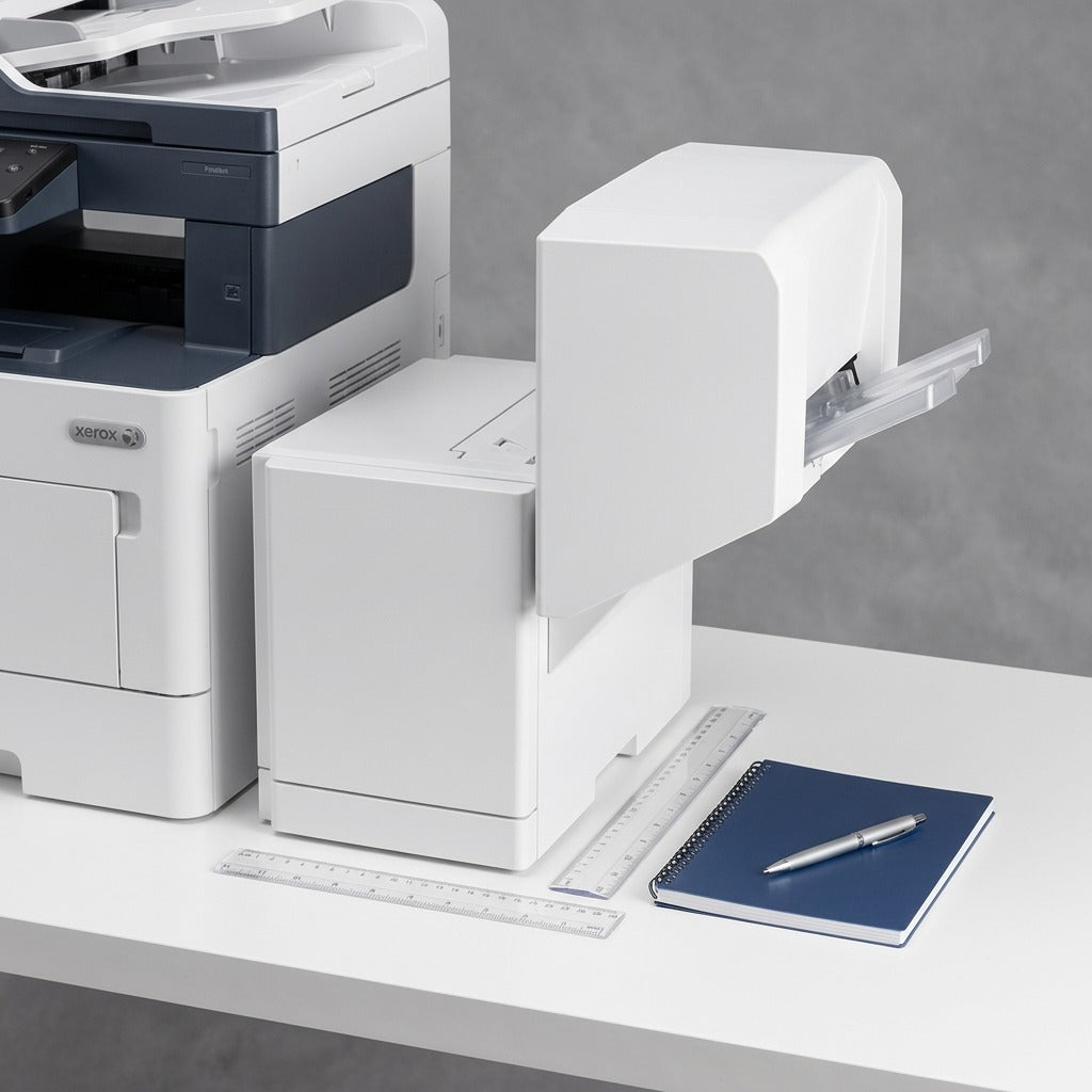 A scale visualization: the Xerox booklet maker is shown beside a standard ruler and A4 notebook on a desk.