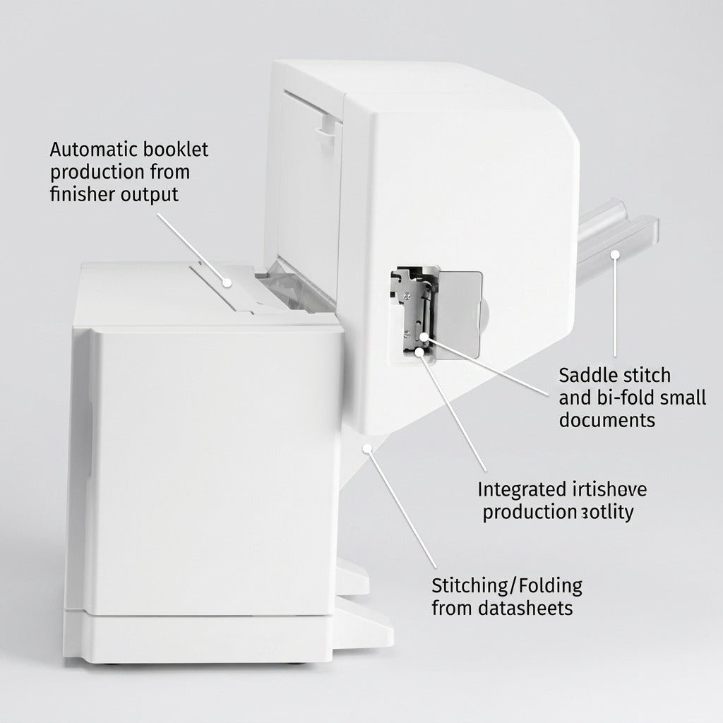Operational feature callouts for the Xerox Booklet Maker, demonstrating automatic booklet production.