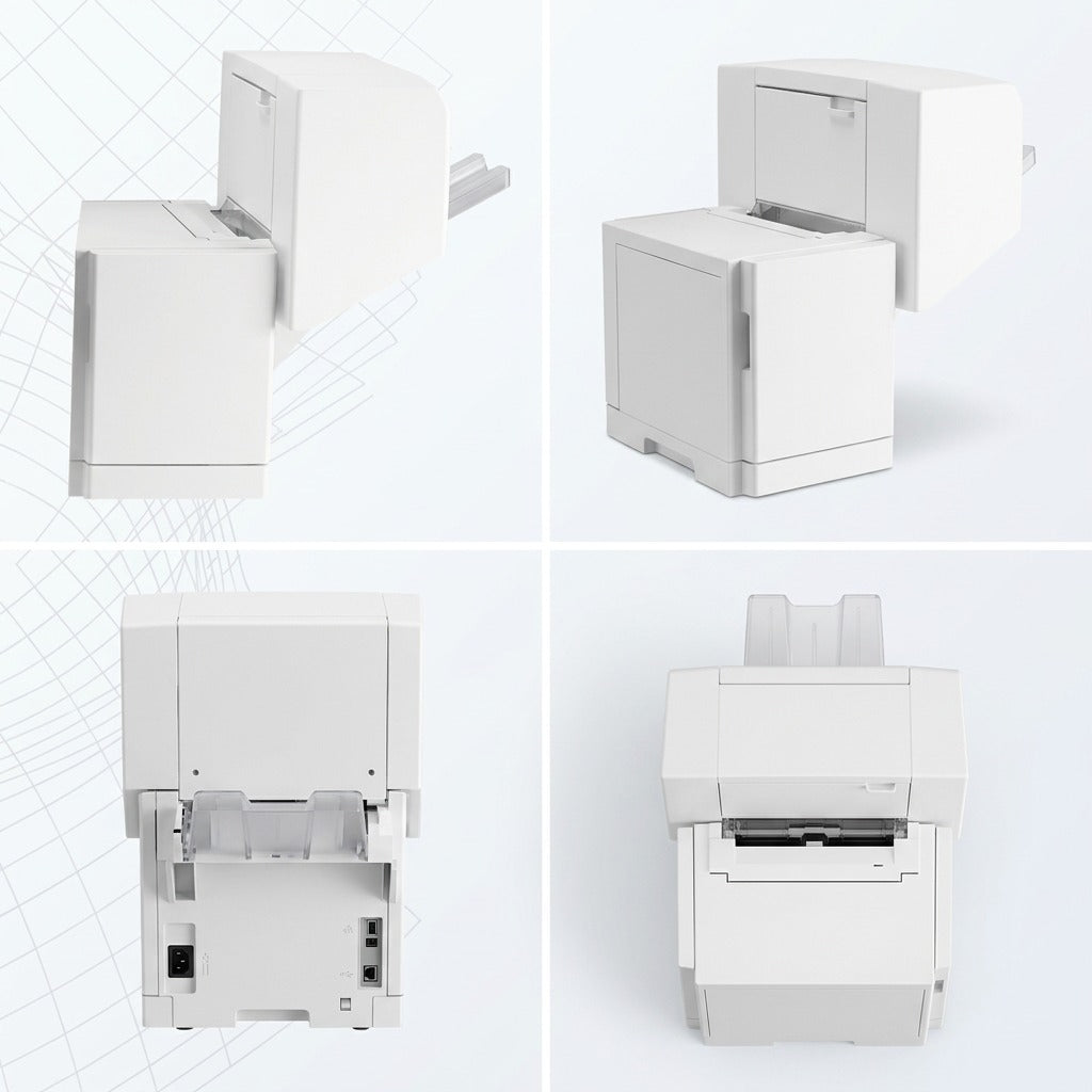 An e-commerce image grid showing the Xerox Booklet Maker (497K03852) from sequential front-side, rear, and top-down angles on a light grid.