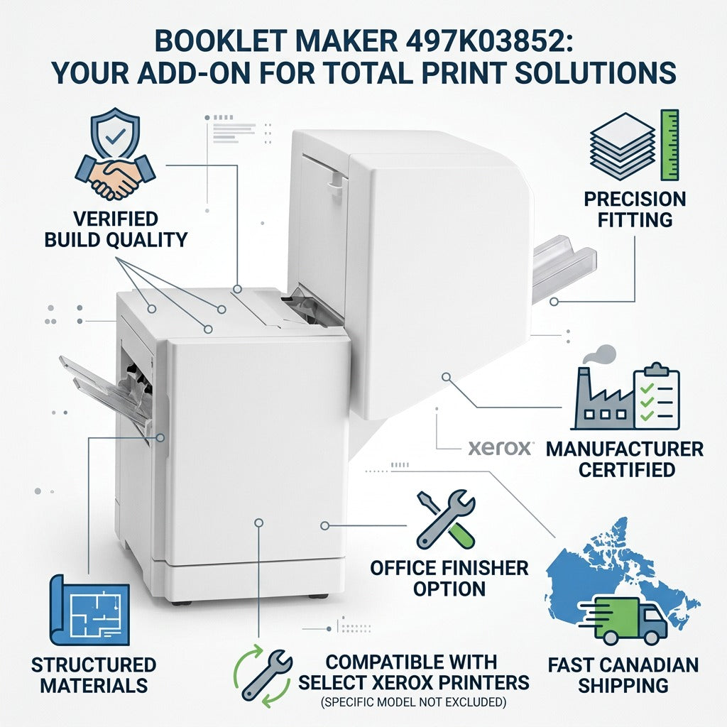 An ecommerce infographic visual matrix building trust and authority for a Xerox Booklet Maker accessory.