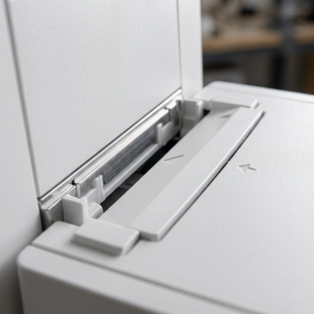 Macro view of the Xerox booklet maker paper path opening with clear direction indicators.