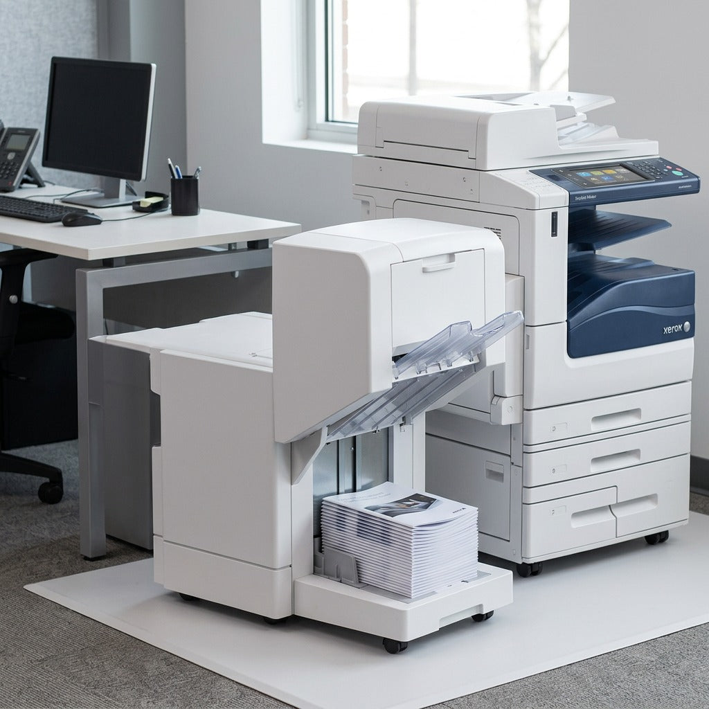 A realistic photo of the Xerox Booklet Maker (497K03852) attached to an office finisher in a modern workplace setting, producing saddle-stitched booklets with natural lighting.
