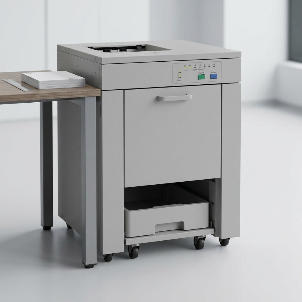 A realistic photo shows the Xerox stacker beside a desk and ruler to illustrate its true size.