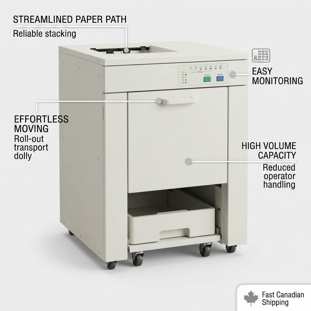 A PDP feature graphic showing operational features of the Xerox High Capacity Stacker with short, factual benefit labels.