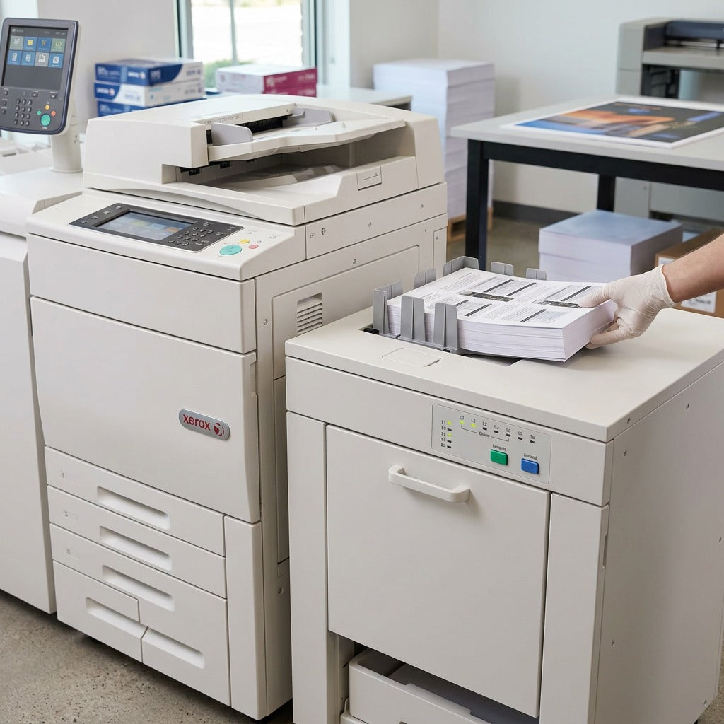 A professional photo of the Xerox High Capacity Stacker, next to an active production printer, integrated in a bustling print room scene. Direct human interaction with the paper tray shows its active use. There is no on-image text and the lighting is natural and even.