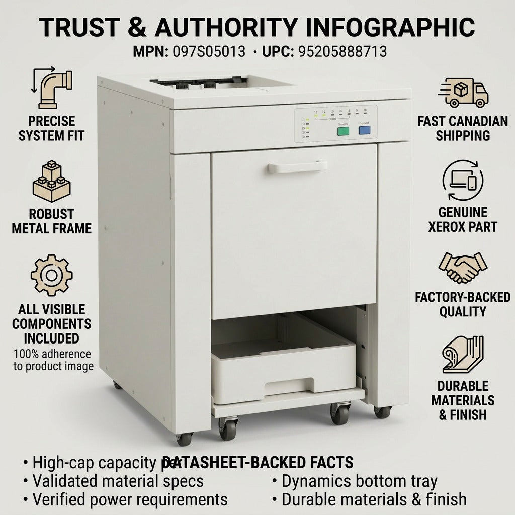 A detailed trust infographic featuring the exact Xerox High Capacity Stacker, with icon-led facts on its build, specific parts, and fast Canadian shipping.