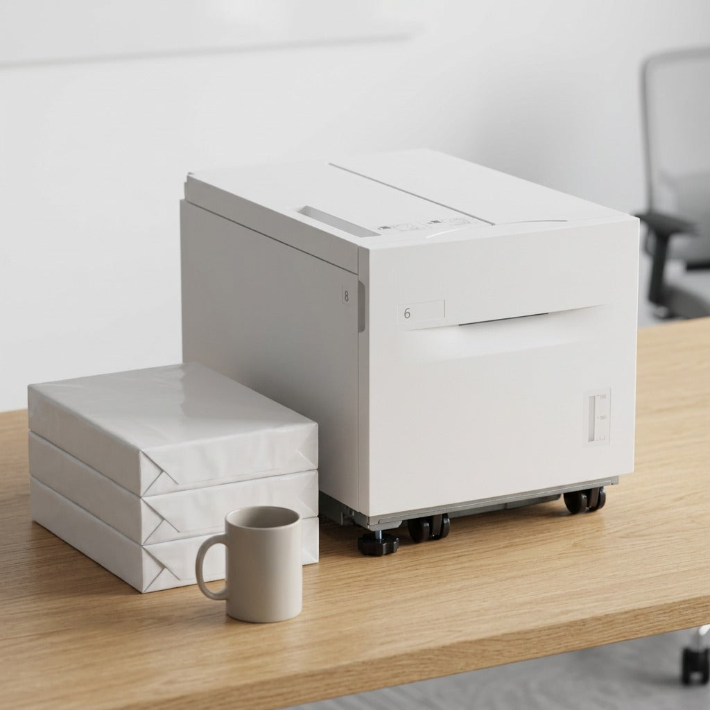 Scale comparison: Xerox paper feeder beside a coffee mug and a paper stack.