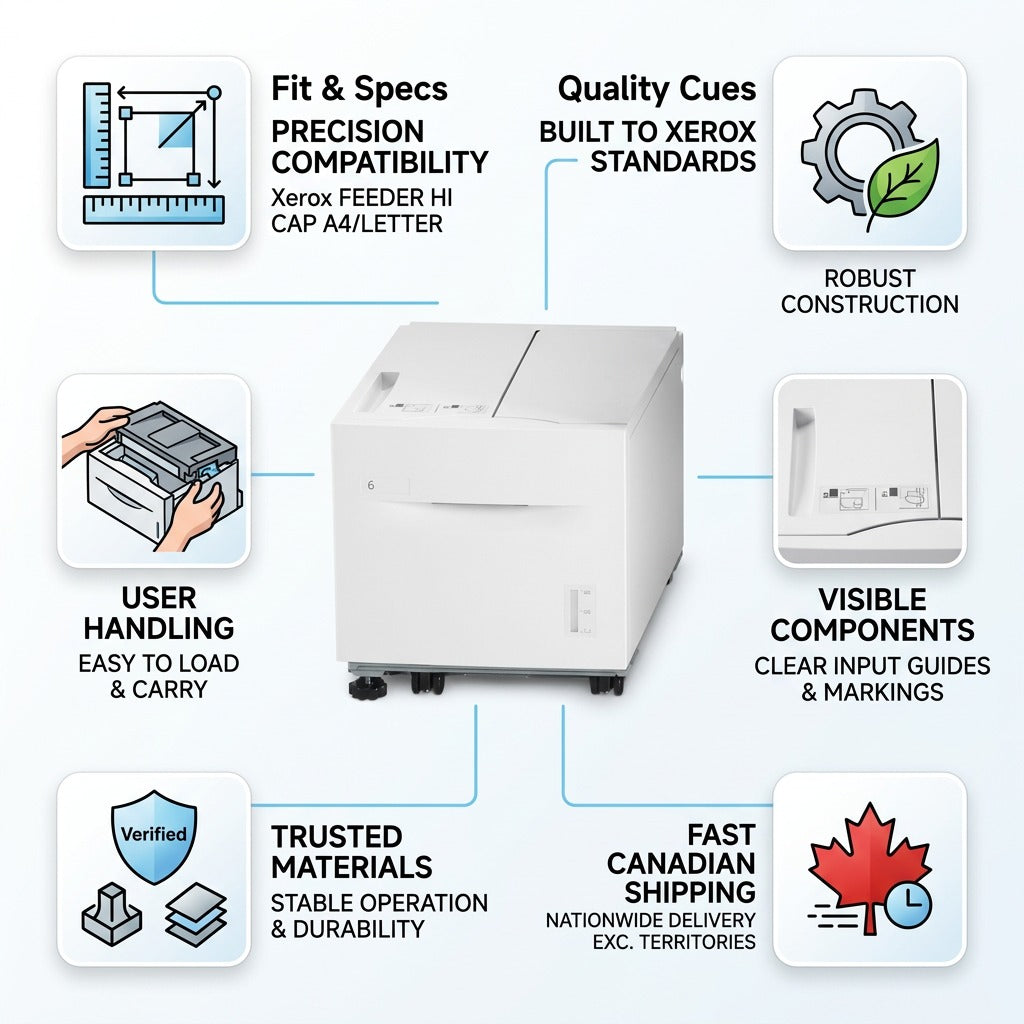 A trust and authority infographic highlighting Xerox feeder specifications and reliable shipping.