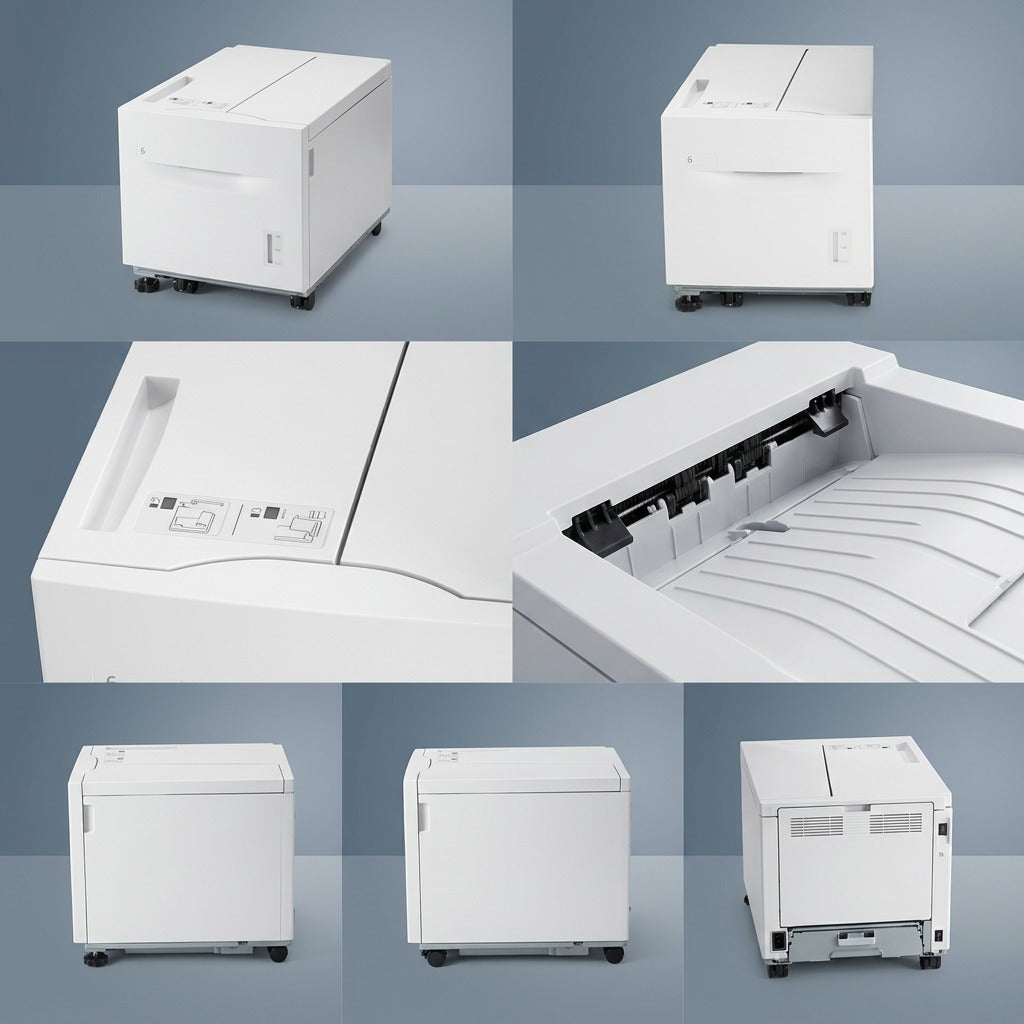 A multi-angle product gallery matrix of the Xerox High Capacity Feeder, showing various perspectives on a clean grey and blue background.