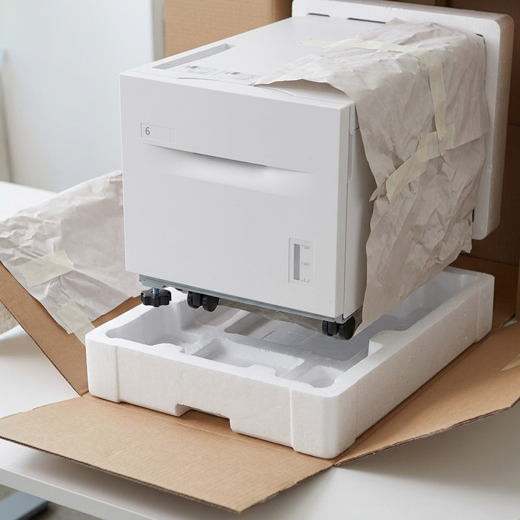 Realistic unboxing scene for the Xerox feeder, showing a clean unit and shipping protection.