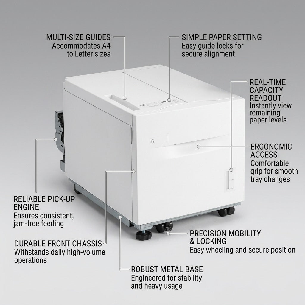 Feature infographic for Xerox 097S04845 high capacity feeder, detailing design and functional benefits.