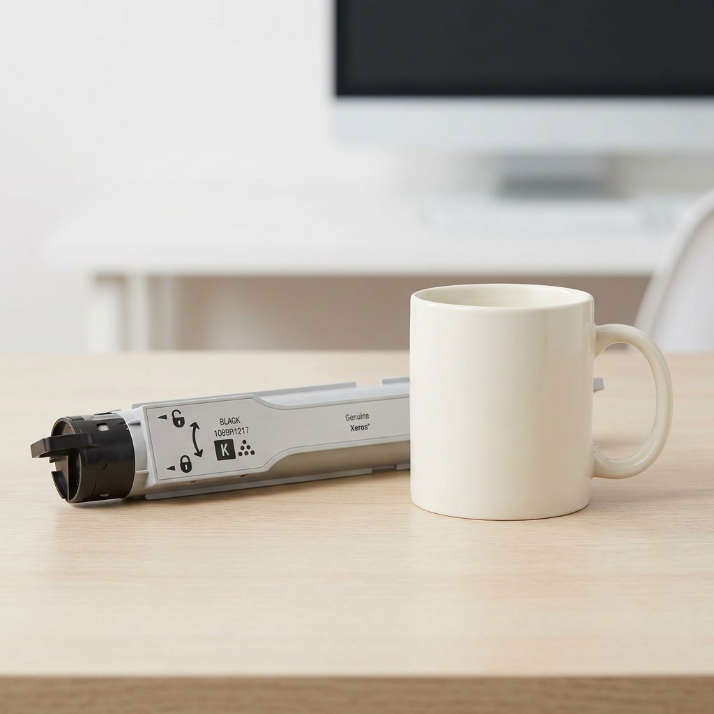 Alt Text: Xerox Phaser 6360 Black Toner Cartridge, scale reference, beside a universal coffee mug.
