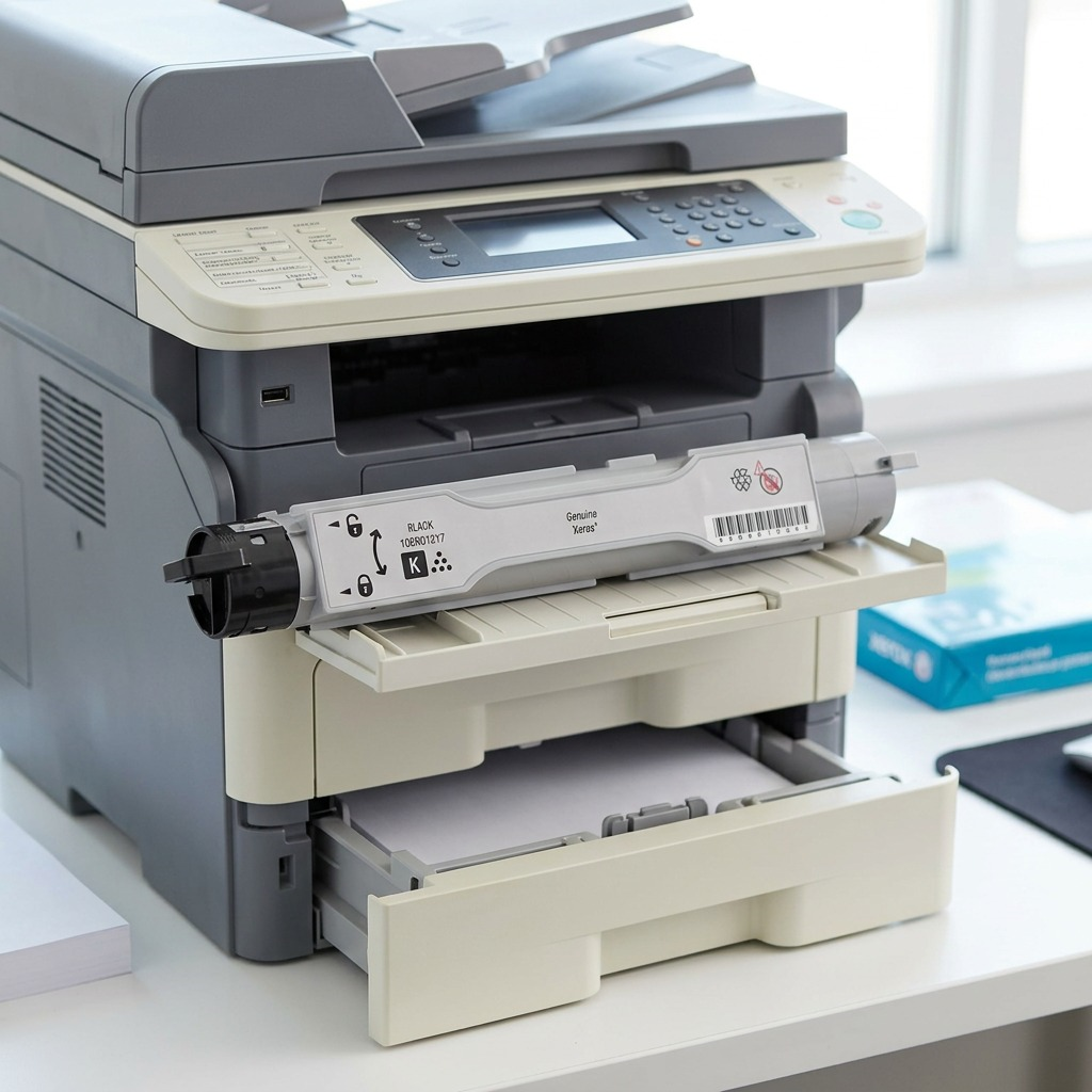 A black Xerox toner cartridge rests on a modern color laser printer in a sunlit office.