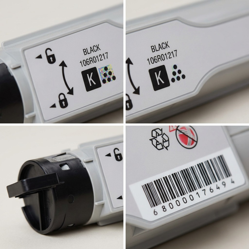 Macro close-up of Xerox 106R01217 cartridge labels: lock icons, barcode, 'K' mark.