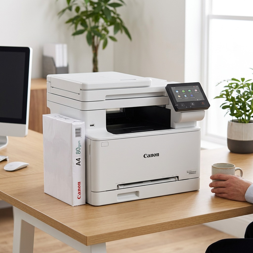 A Canon standard-sized multi-function laser printer is shown on an office desk, positioned next to a standard ream of A4 printer paper for immediate scale comparison.