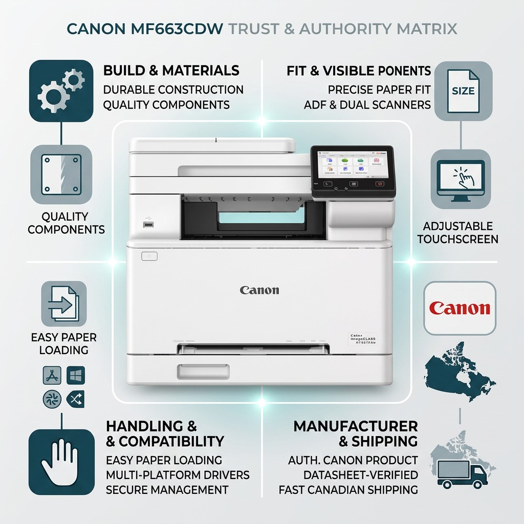 Infographic visual matrix for standard Canon Color imageCLASS MF663Cdw printer features, connectivity, and Canadian shipping, with central product image.