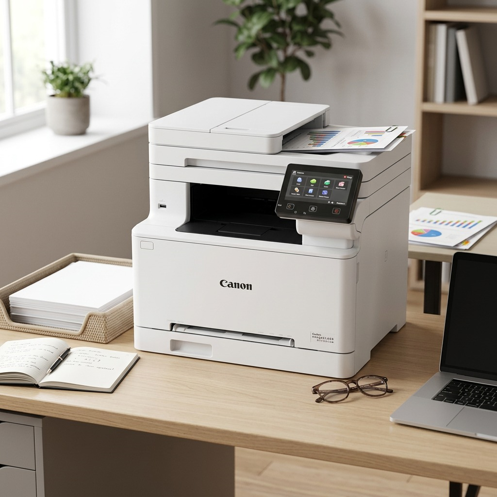 A lifestyle image showing the Canon imageCLASS MF663Cdw printer on a clean office desk in a realistic work setting.