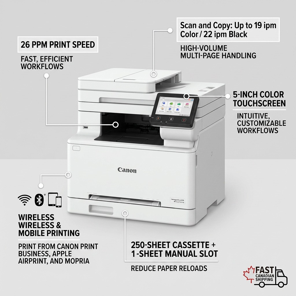 Feature callout graphic of the imageCLASS MF663Cdw printer, highlighting key operational benefits.