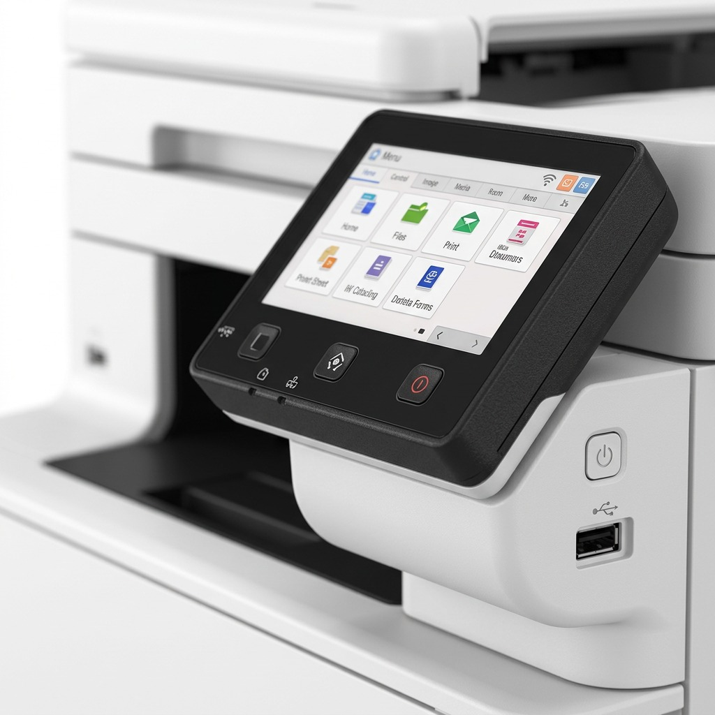 A detailed macro photograph focusing on the color touchscreen control panel and USB port of the Canon MF663Cdw.