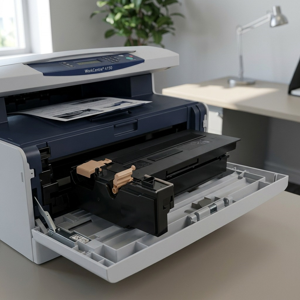Xerox 006R01275 toner cartridge resting in the open drawer of an office printer.