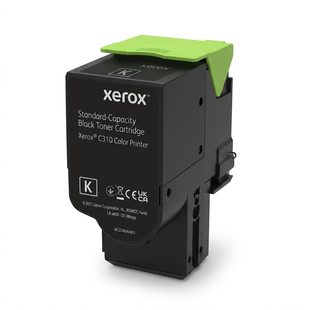 High-resolution hero shot of Xerox 006R04356 Black Toner Cartridge, with the bright lime green handle.
