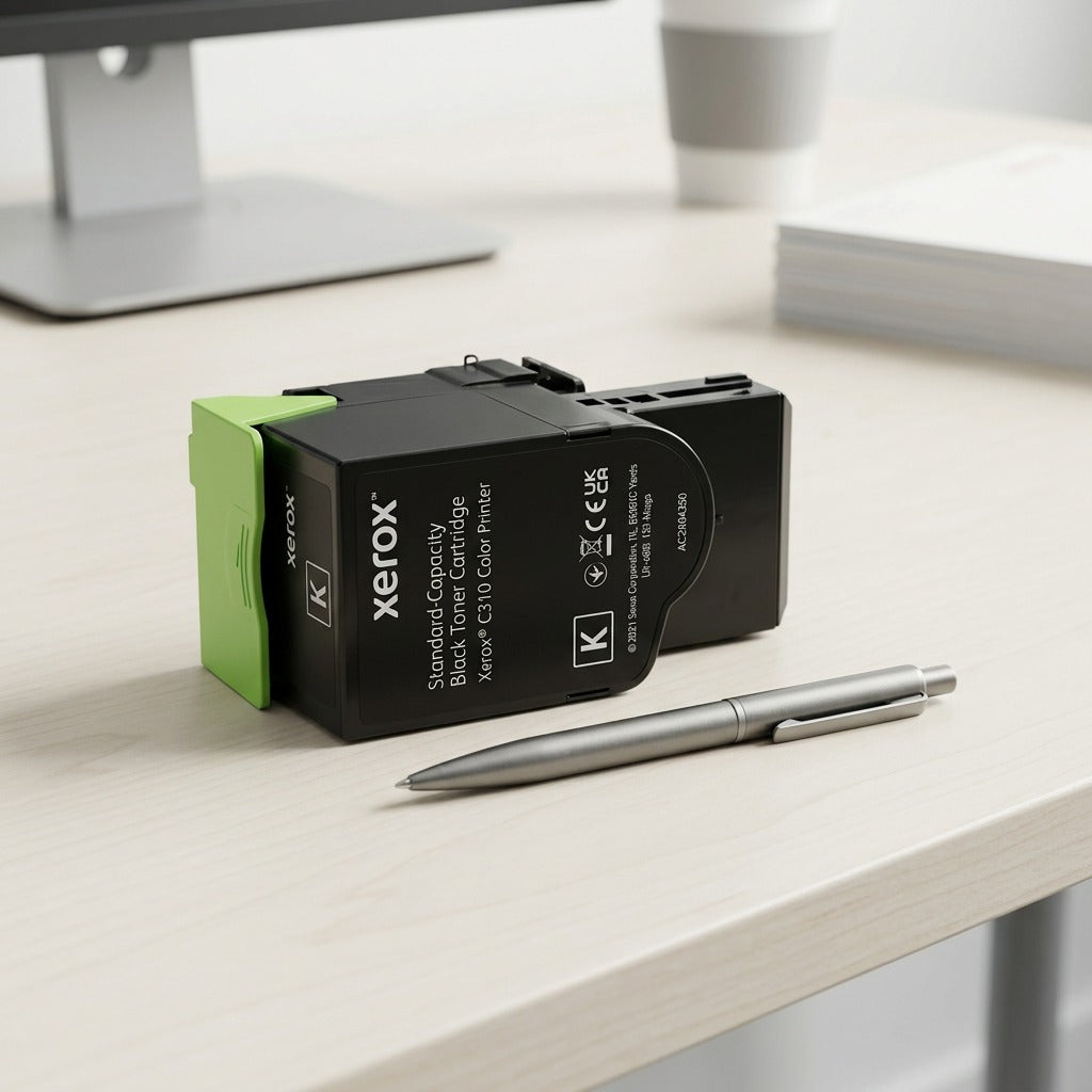 A realistic visual comparison with a standard pen demonstrating the true size of the Xerox 006R04356 standard capacity black toner cartridge on a minimalist wooden desk surface, featuring precise scale cues and a clean, ecommerce-style presentation.
