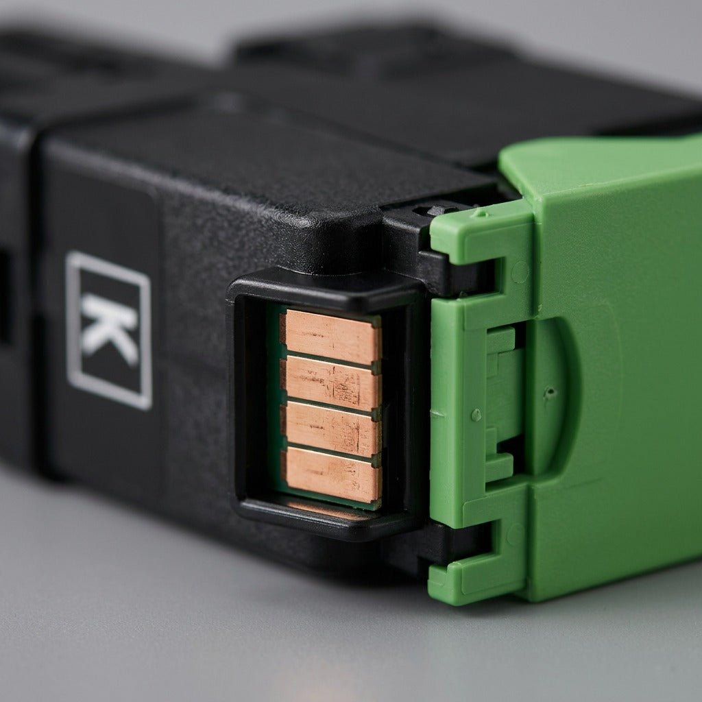 Macro photograph of the Xerox 006R04356 toner cartridge's electrical connector, showing metal pins and a secure latch.