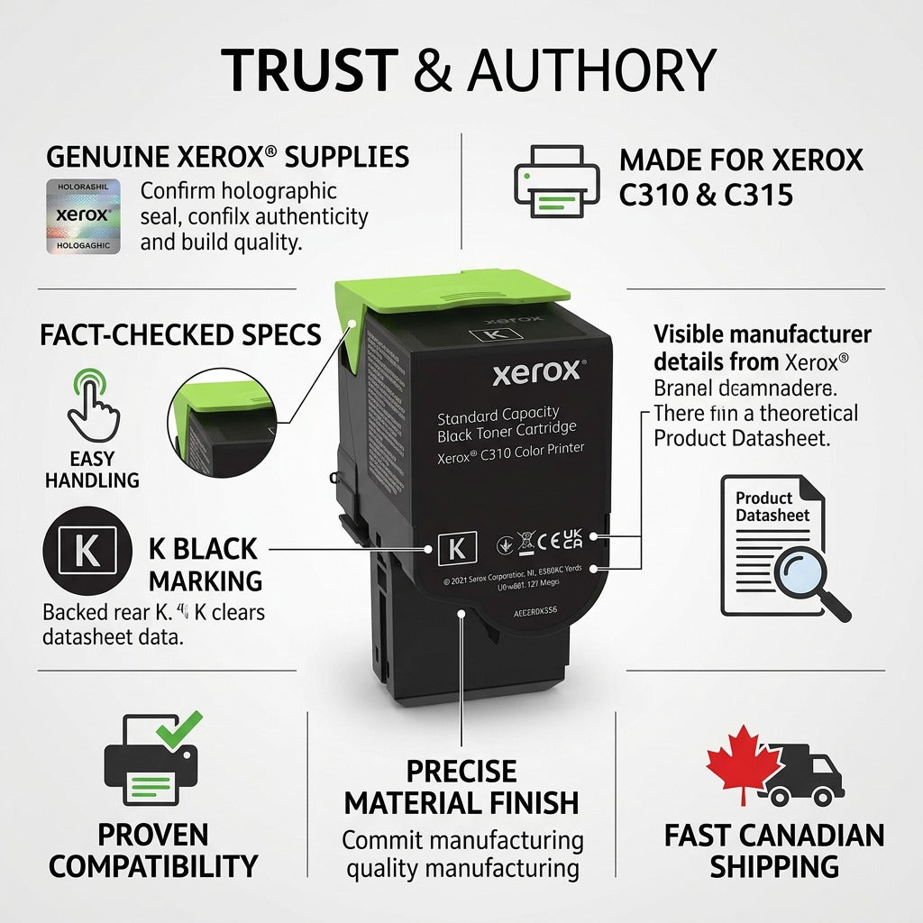 An infographic matrix for Xerox toner, highlighting authenticity, specifications, and fast Canadian shipping.