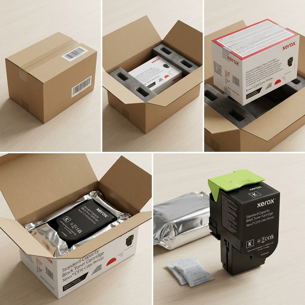 Premium photo of unboxing the Xerox 006R04356 toner cartridge, showing protective foam and inner foil seal, ensuring safe shipment.