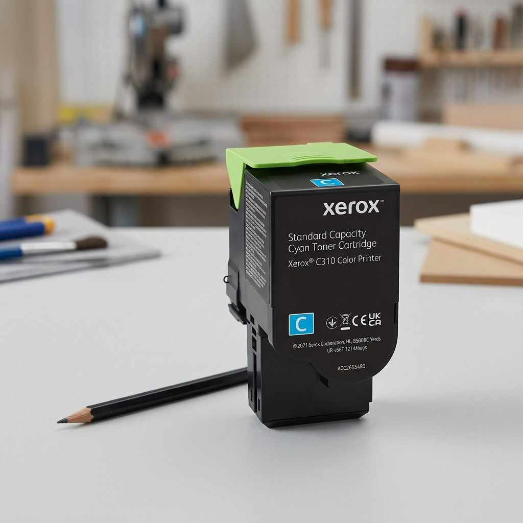 A Xerox 006R04357 cyan toner cartridge positioned beside a commonly understood object for size comparison.