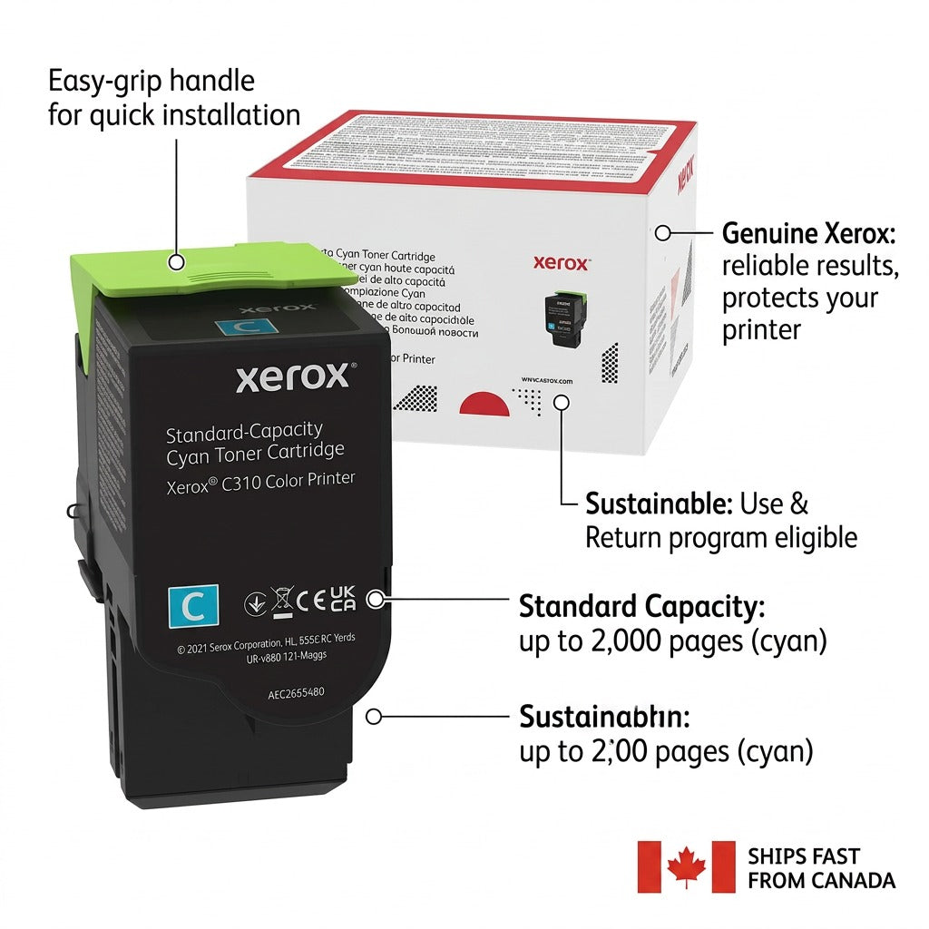 Xerox cyan toner cartridge with callouts in a polished ecommerce image on white background.