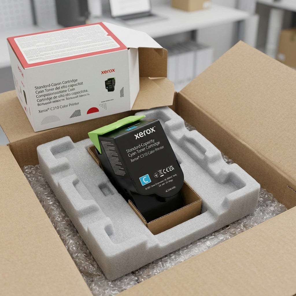 A close-up unboxing shows the specific Xerox Cyan Toner in secure protective foam within a cardboard box.